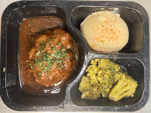 Beef patty & gravy, mashed potatoes, broccoli