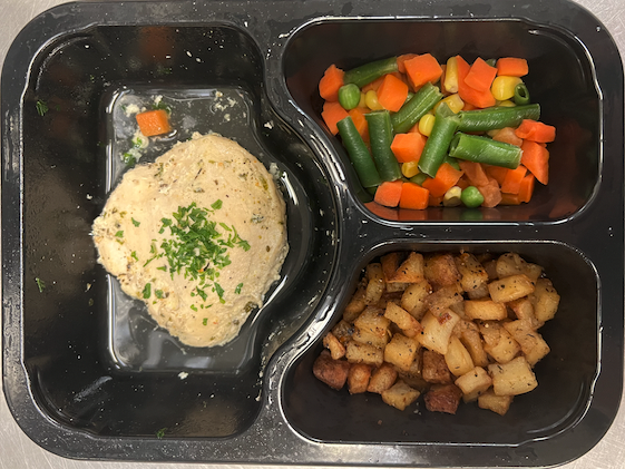Herbed chicken, diced potatoes, mixed veggies
