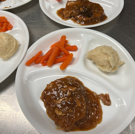 Pork Cutlet & gravy, baby carrots, mashed potatoes